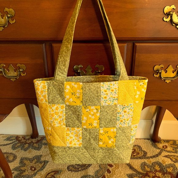 Handmade Sage Green & Marigold Floral Patchwork Quilted Tote Bag w/ Zip Closure - Picture 3 of 6